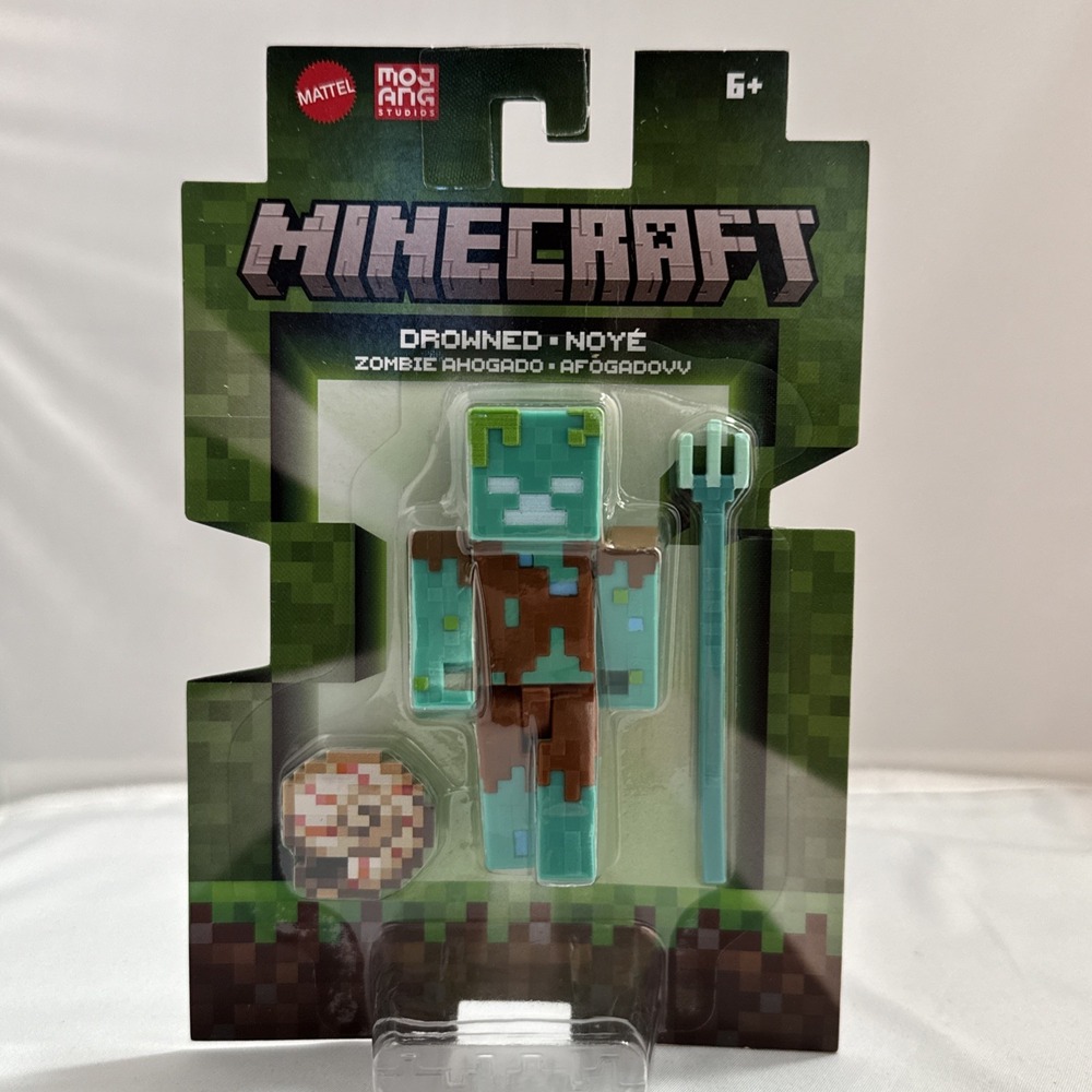 Mattel Minecraft Drowned Zombie w Trident & Nautilus Shell 3.5" Figure NEW 2024